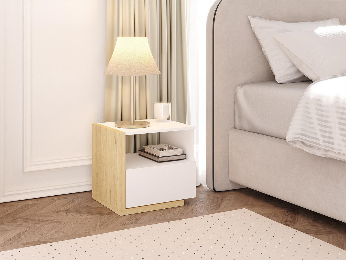 2ER-SET Nachttische skandinavisch mit 1 Schublade & 1 Ablage - Weiß & Holzfarben - NAPOLI II - Naturfarben, Holz (46.4/43/39cm) - Vente-Unique