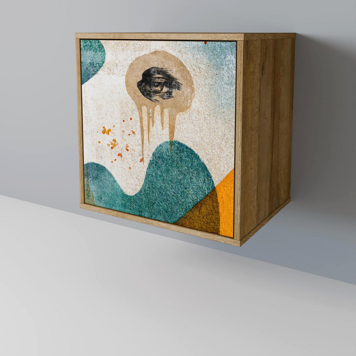 SIDEBOARD ABSTRACT FACES, Eichefarben, 57,5x42x77,5 cm, Schräge Buchenholzfüße - Eichefarben/Buchefarben, Holzwerkstoff/Buchenholz (57.5/77.5/42cm) - SpaceRebels