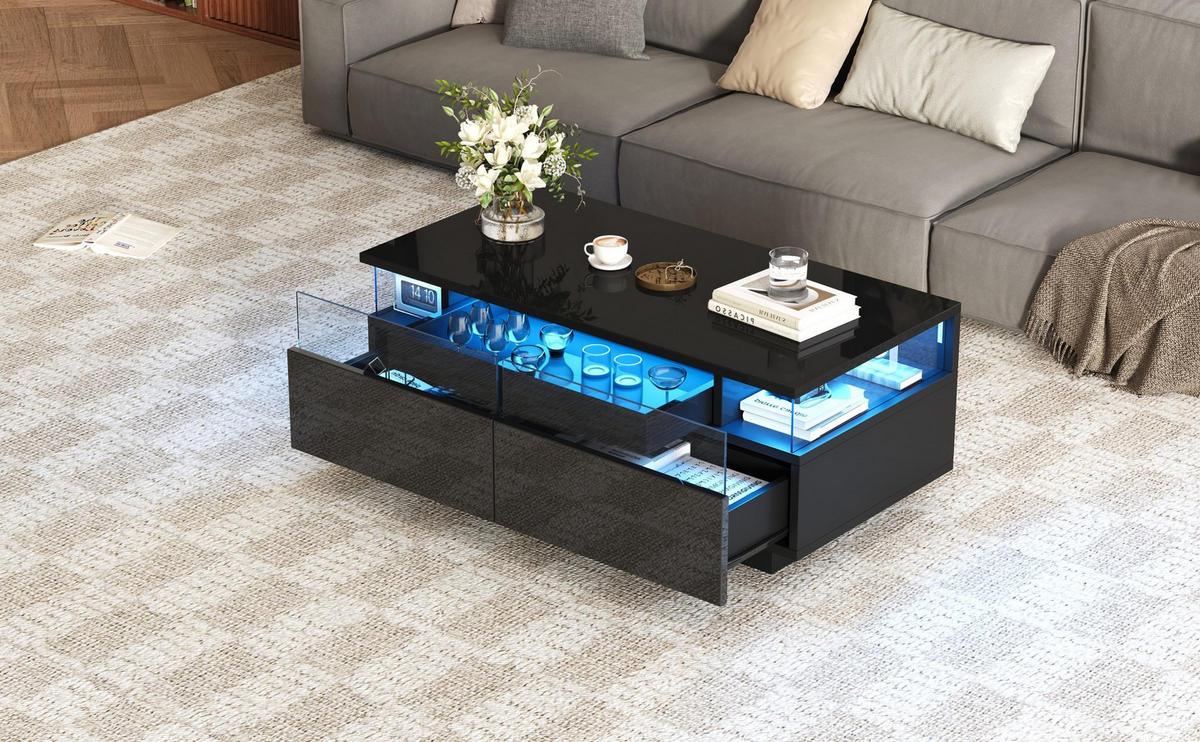 COUCHTISCH 90/45/35,5 cm Schwarz aus Holzwerkstoff mit abnehmbarem Tablett und LED-Licht - Schwarz, Holzwerkstoff (90/45/35.5cm) - OKWISH