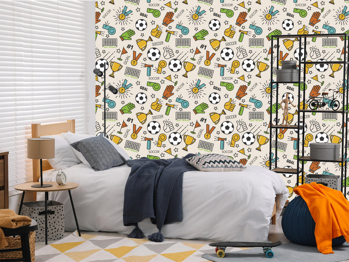 VLIESTAPETE Fußball, Medaillen und Pokale – Bunt, Beige – 50x1000 cm - Beige/Multicolor, Papier (50/1000cm) - Muralo