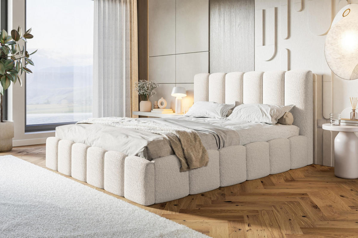 BETT 180x200 - Polsterbett mit Bettkasten und Holzrahmen - Modern Betten - Kuscheliger Catch-Me-Stoff - Kollektion Lucy - Weiß - Weiß, Holz/Textil (180/200cm) - Alpi-Möbel