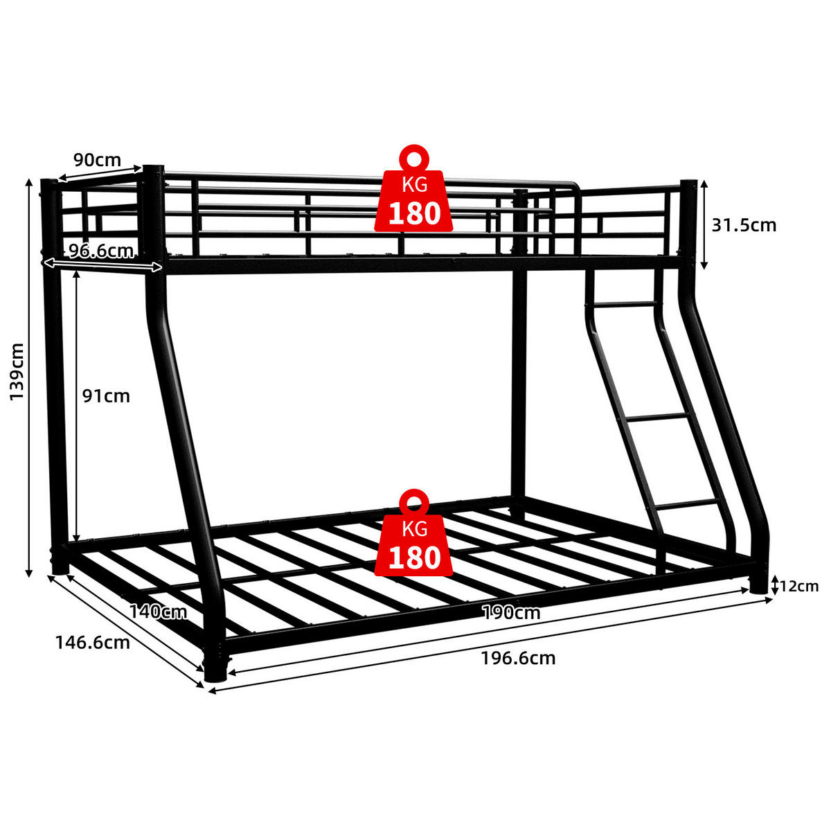 ETAGENBETT Kinderbette 196,6/146,6/139 cm aus Eisen mit geräuscharmer Konstruktion Schwarz - Schwarz, Metall (140/190cm) - Modenvie