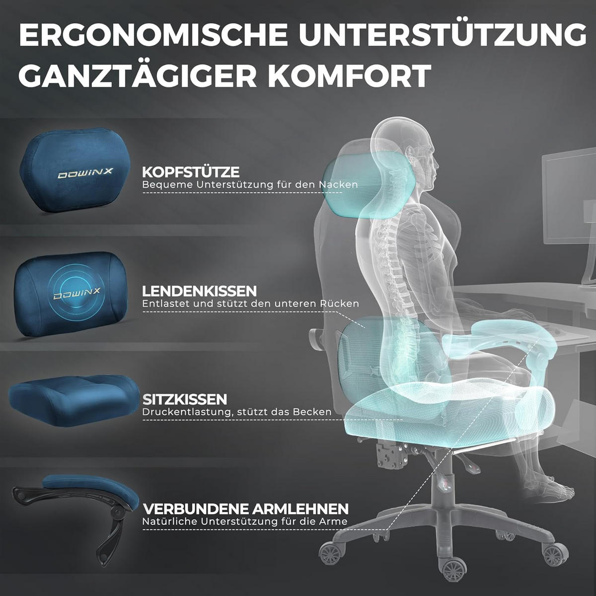 GAMING-STUHL Mikrofaser-Velours & Lendenkissen, Fußstütze 160° Neigbar - Blau, Leder (70/132/70cm)