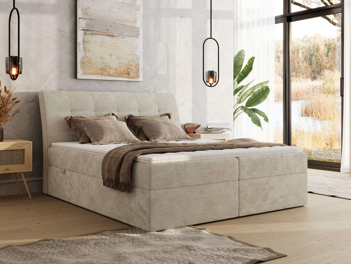 BOXBETT DAGOS 180/200 - Beige Schenille glatt - H4 - Topper Visco - Beige, Textil (180/200cm) - MKS