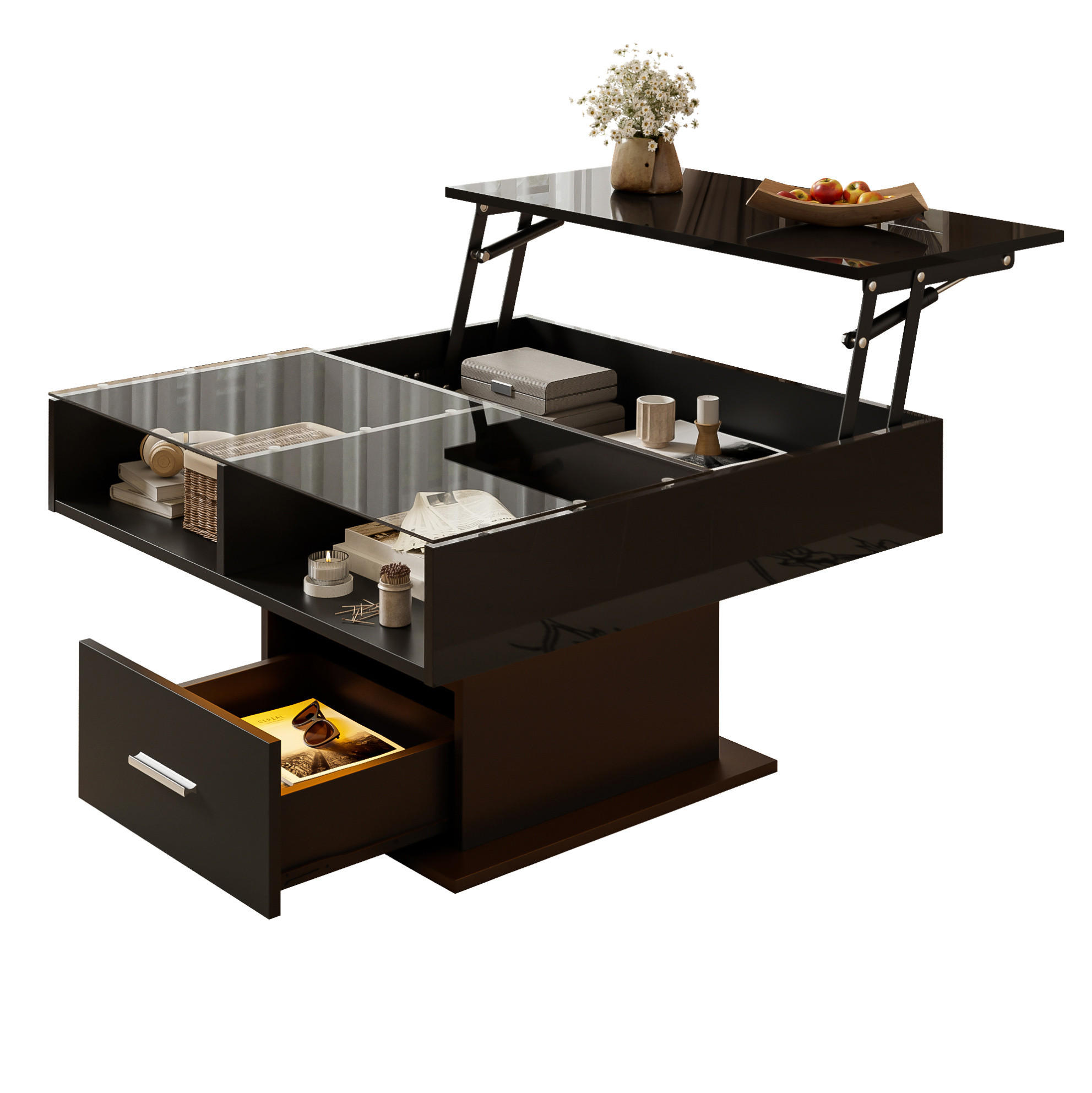 COUCHTISCH 78/78 cm in Schwarz aus Spanplatte mit LED-Beleuchtung und Stauraum - Schwarz, Holzwerkstoff (78/78/45cm) - OKMYHOME