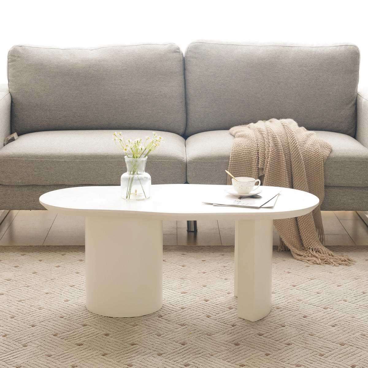 COUCHTISCH weiß aus MDF mit unregelmäßige und elegant geschwungene Tischplatte 100 × (40–50) × 40,5 cm - Weiß, Holzwerkstoff (50/100/40.5cm) - Luhomfu