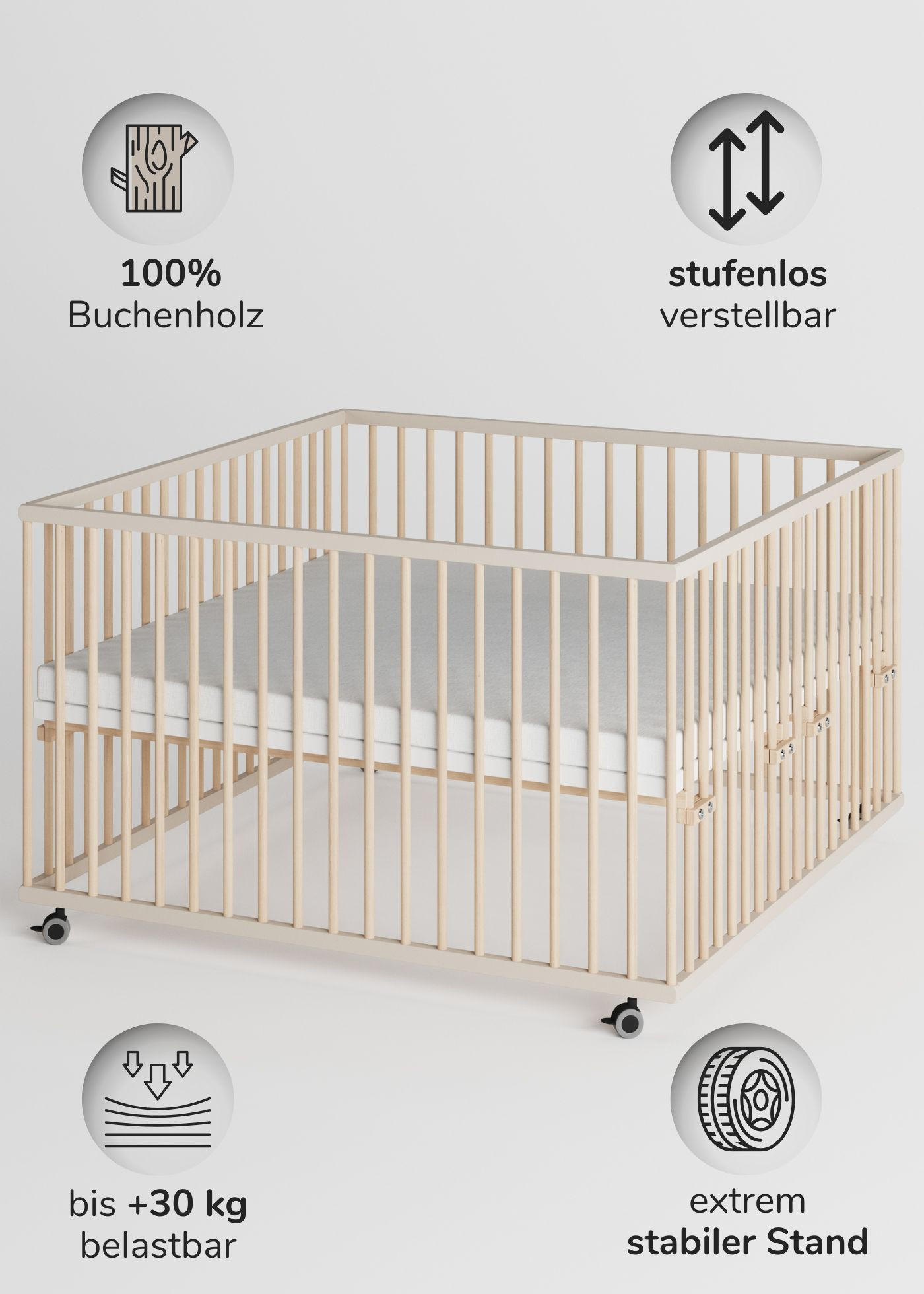 LAUFGITTER XXL 120x120 cm mit Matratze - sahara dust/natur - Premium Kollektion - Sandfarben/Naturfarben, Holz (120/74/120cm) - Sämann – make a difference.