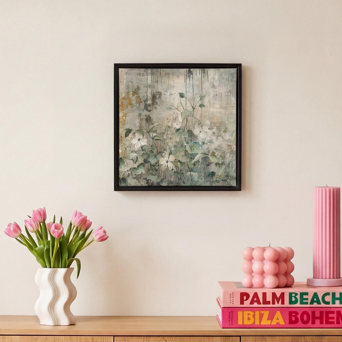 LEINWAND Bilder mit Rahmen - Blumen - Blätter - Abstrakt - Modern - 20x20 - Grau, Textil (20/20cm) - MuchoWow