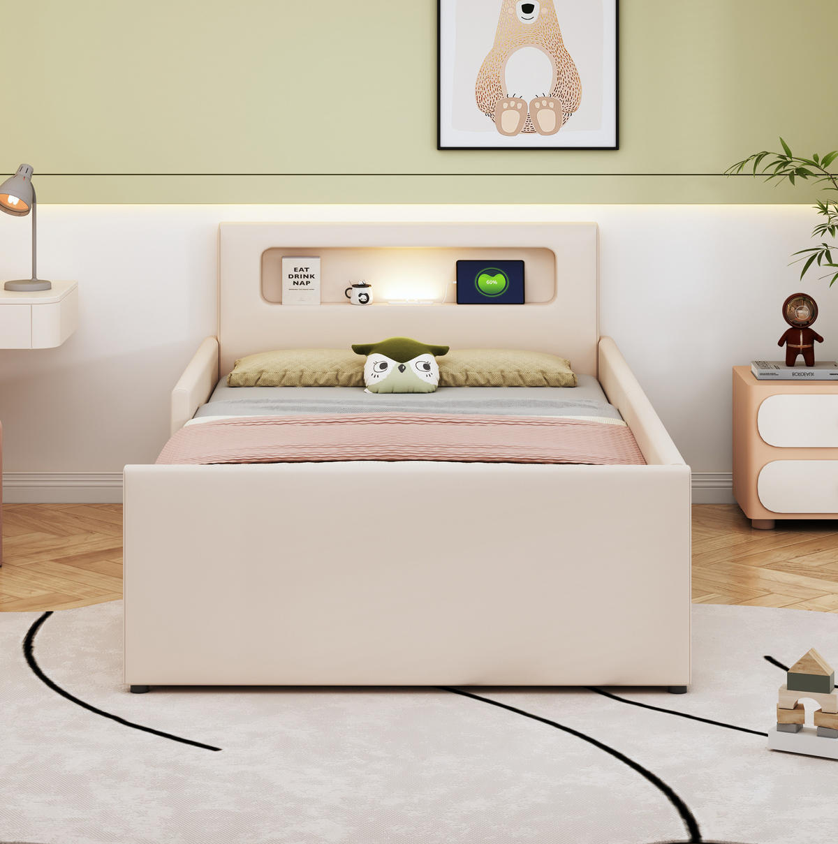 DETSKÁ posteľ 90/200 cm béžová z umelej kože s nočným svetlom USB a úložnými zásuvkami - béžová, textil (90/200cm) - OKWISH
