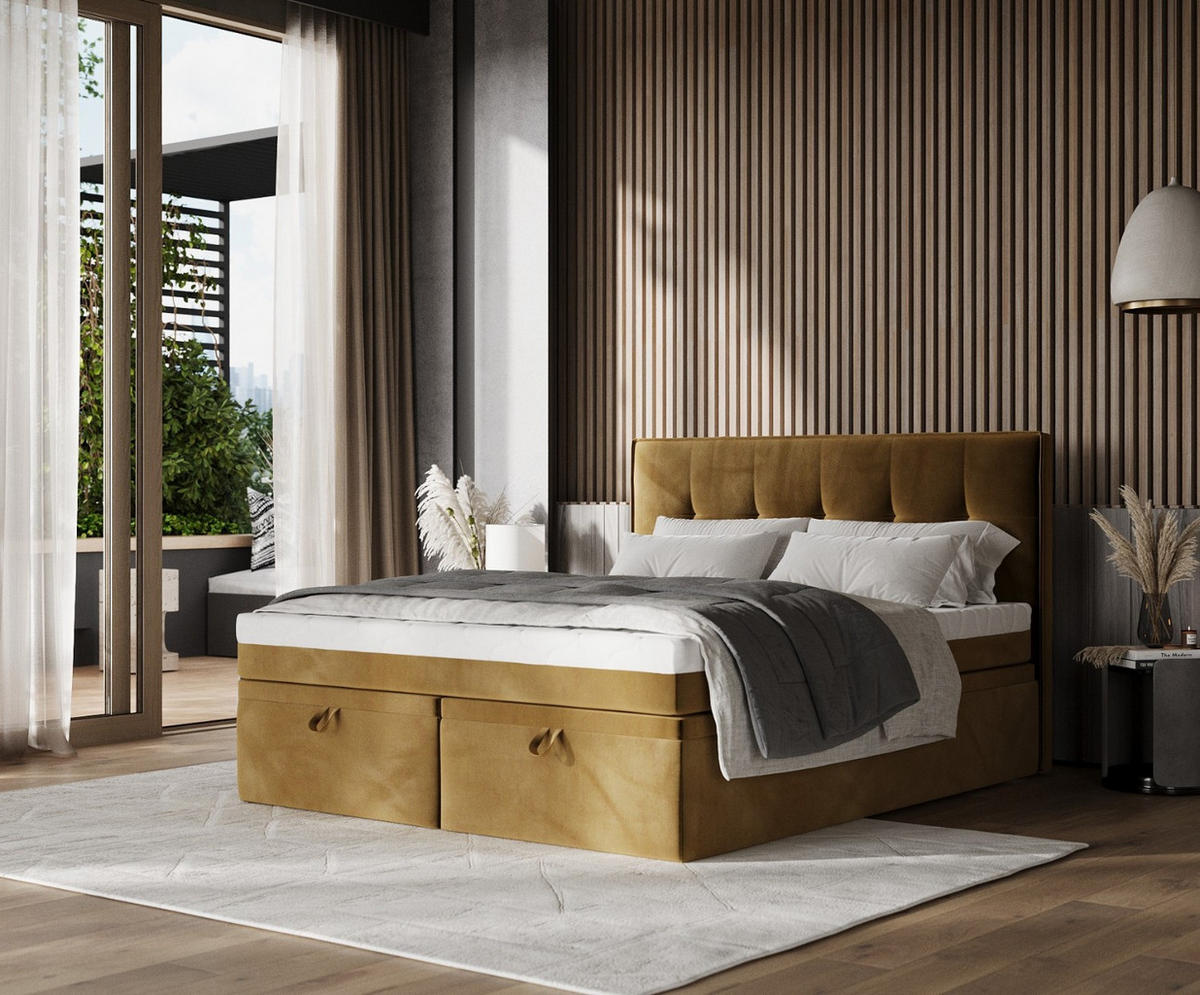 BOXBETT Arivo 160/200 cm Honiggelb im Kronos Stoff - Schwarz/Honig, Holz/Holzwerkstoff (160/200cm) - AltaBeds