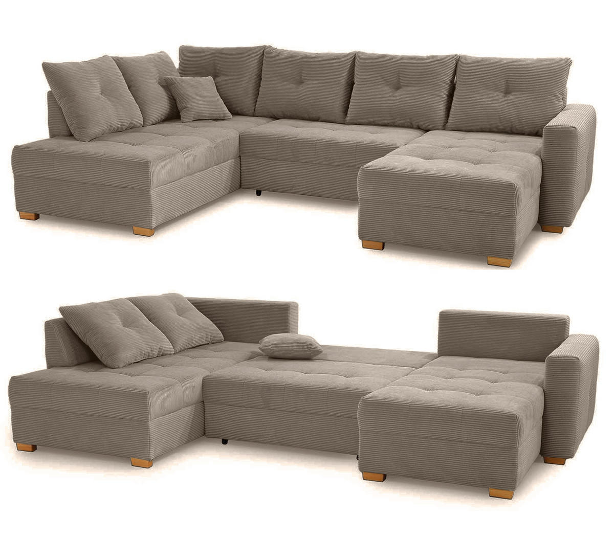 WOHNLANDSCHAFT mit Schlaffunktion und Bettkasten, spiegelverkehrt montierbar U-Form B313/T200/H92 cm, Cord Braun Taupe / 15219 - Taupe/Eichefarben, Holz/Textil (313/92/200cm) - luma-home