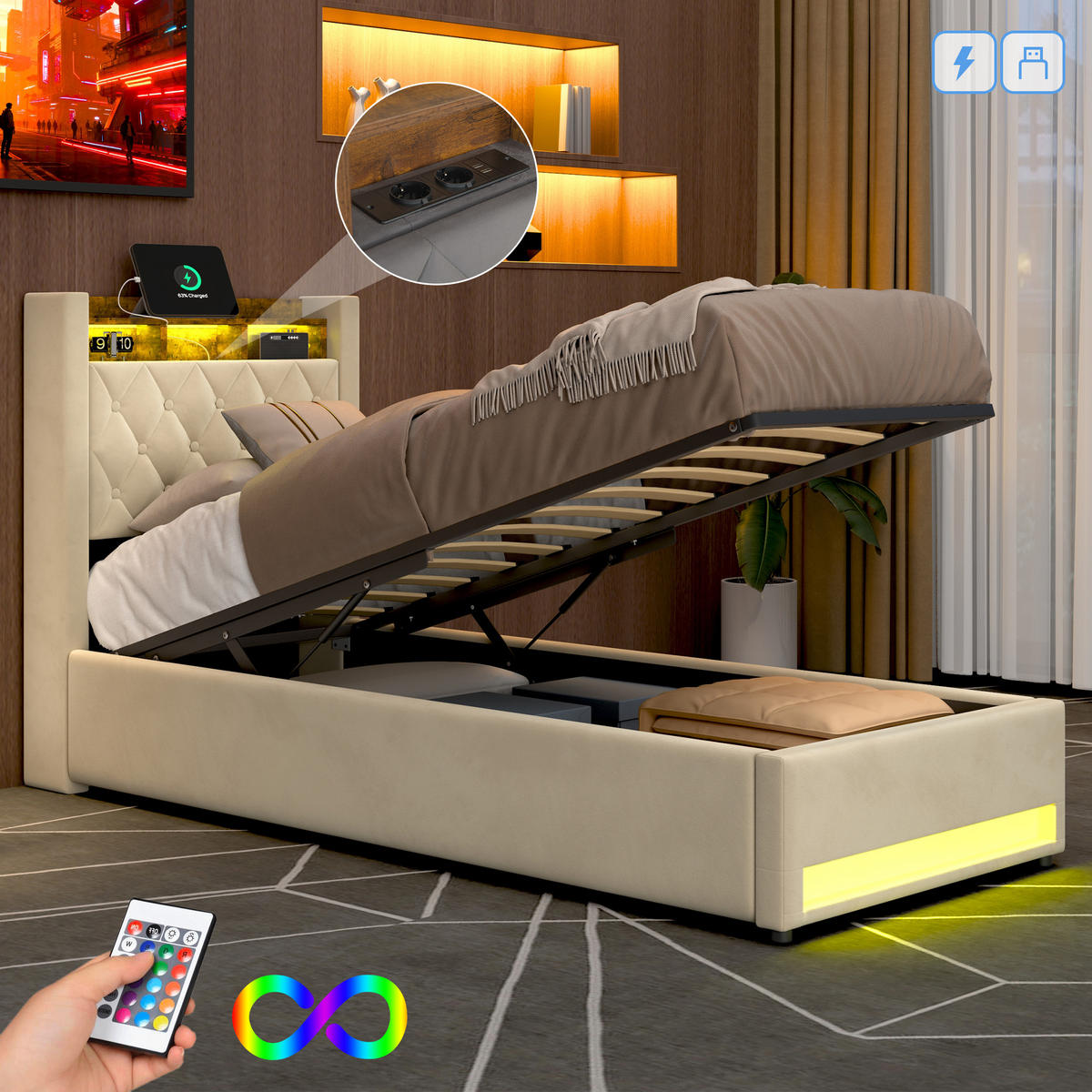 POLSTERBETT 90/200 cm mit Bettkasten und Steckdose Boxspringbett mit USB und LED-Licht Stauraumbett ohne Matratze - Beige, Holzwerkstoff/Textil (90/200cm) - STILVORA