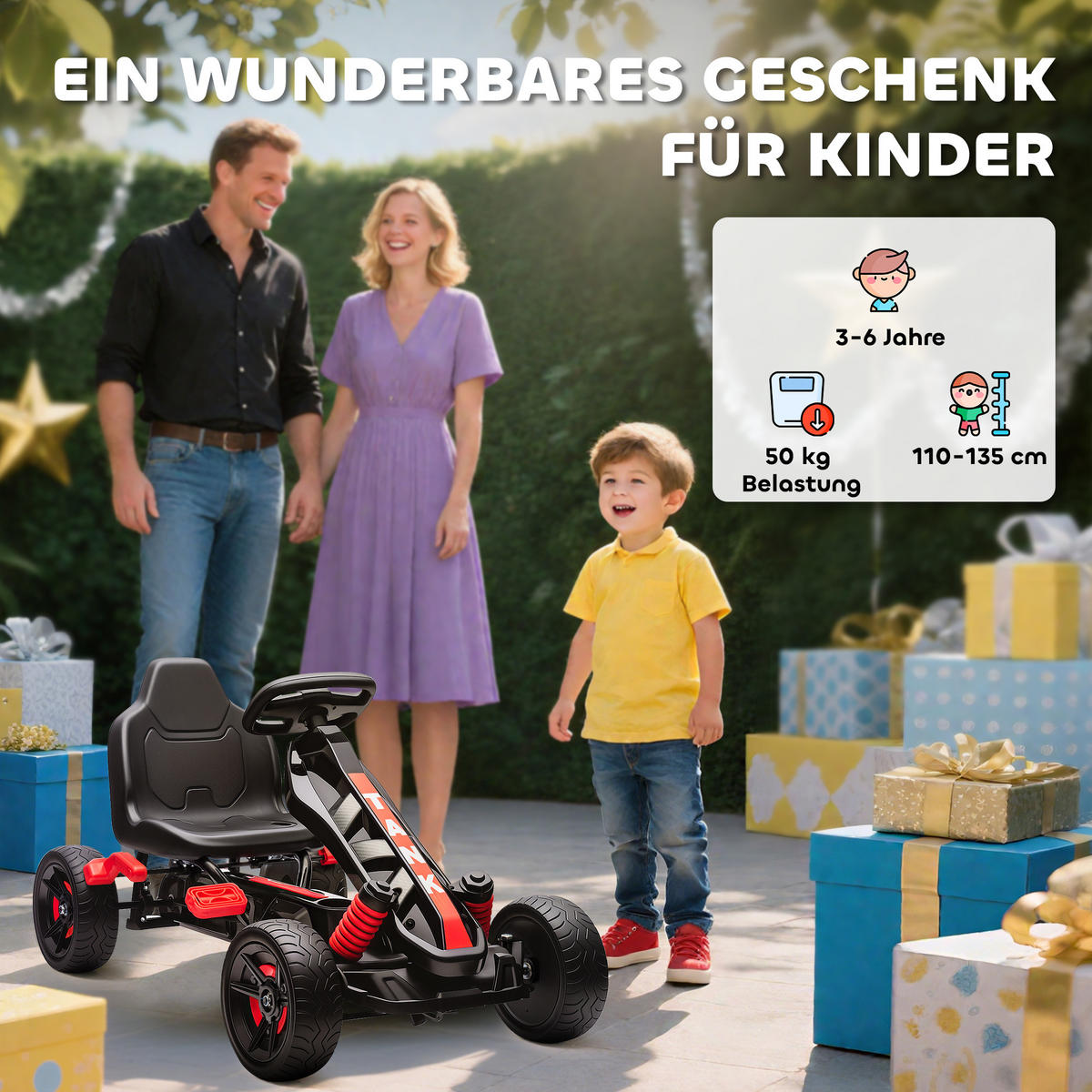 GOKART TRETAUTO mit Handbremse, Automatisches Kupplungssystem, EVA-Räder - Rot, Metall (100/59/60.5cm) - AIYAPLAY