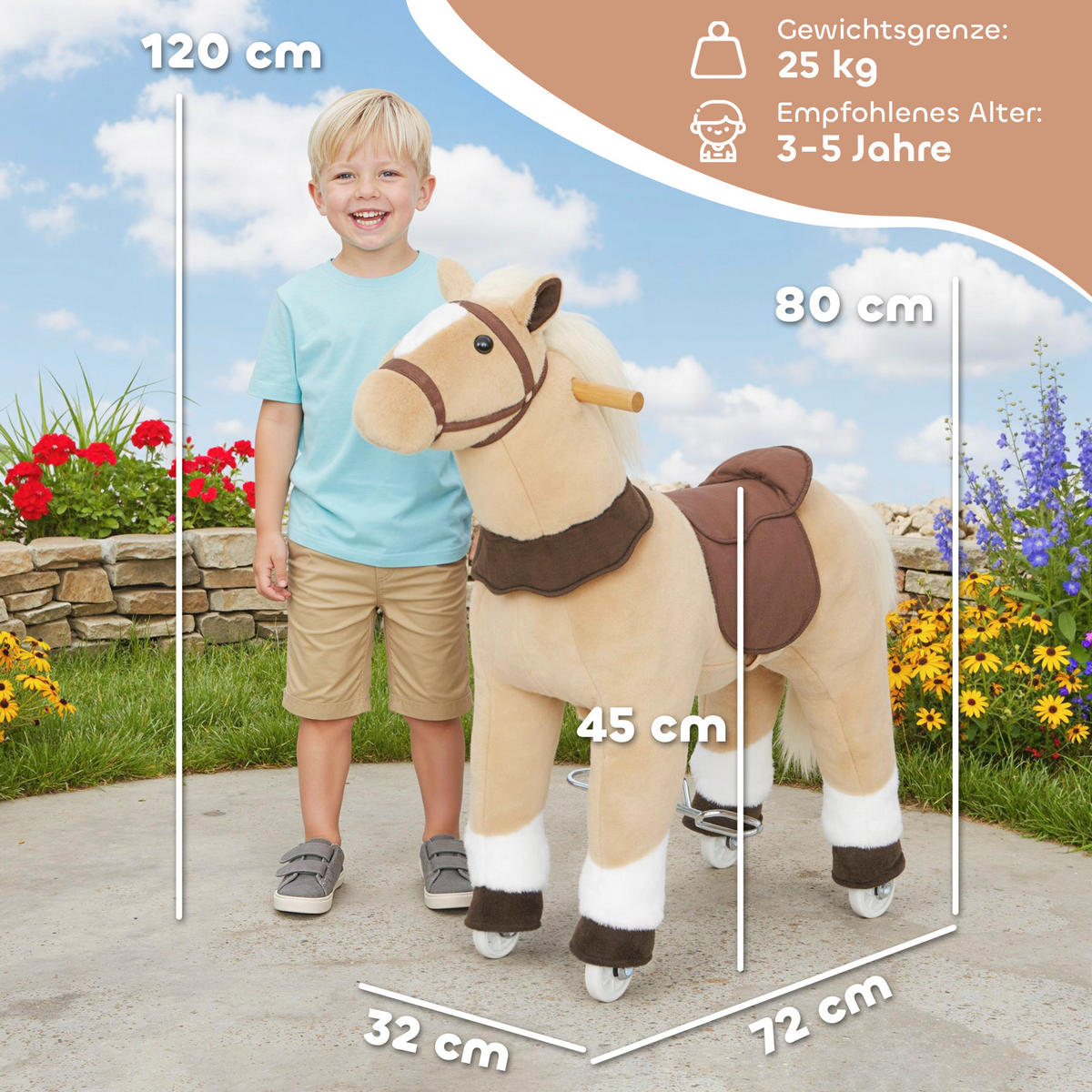 REITPFERD Spielpferd zum Reiten mit Sattel Rollen 80 cm Stehpferd Braun - Braun, Textil (32/80/72cm) - AIYAPLAY