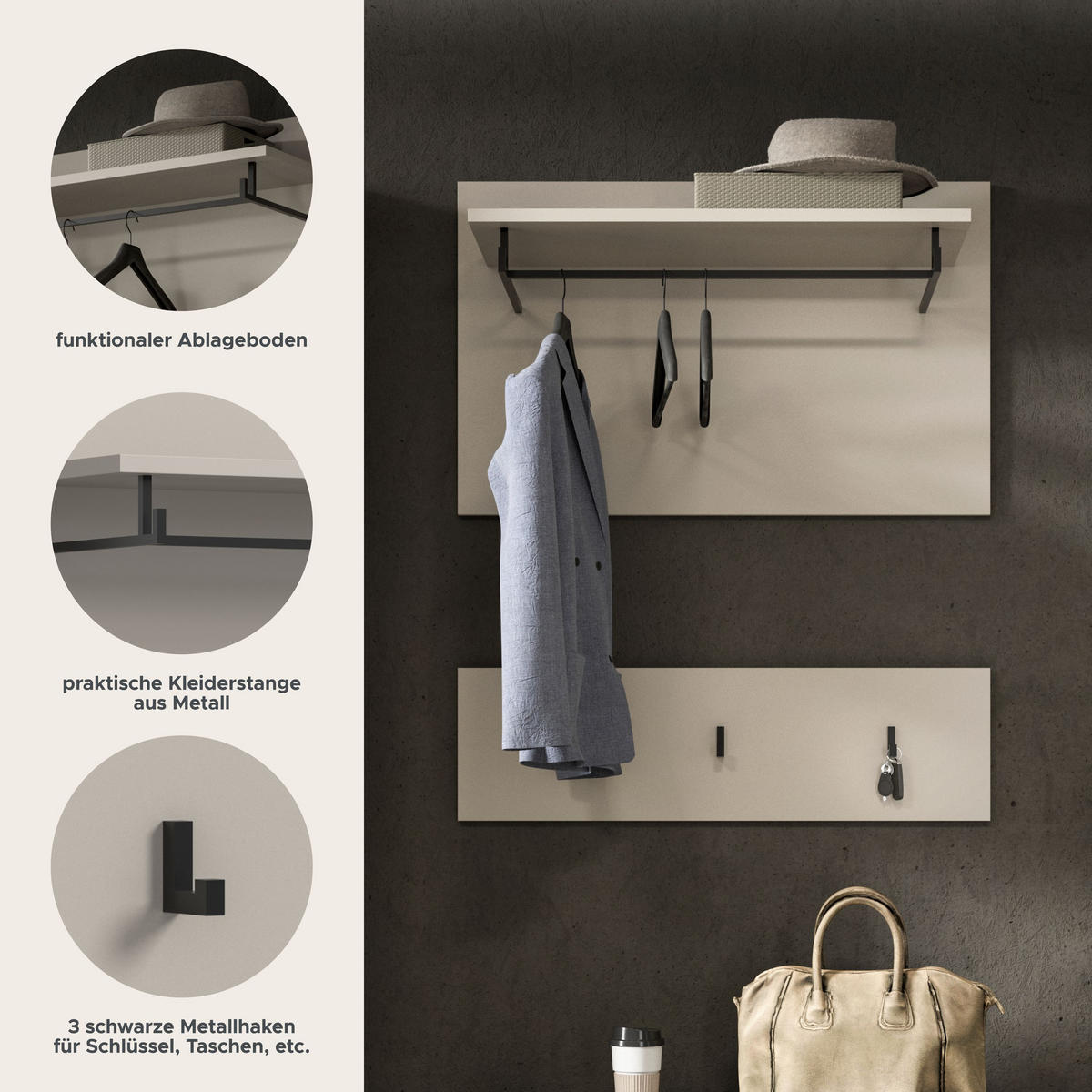 GARDEROBENPANEEL Nova Garderobe in Basalt grau Nb. und Artisan Nb. B/H/T: 80x73x27 cm - Kaschmir, Holzwerkstoff (80/73/27cm) - Homes & Jones