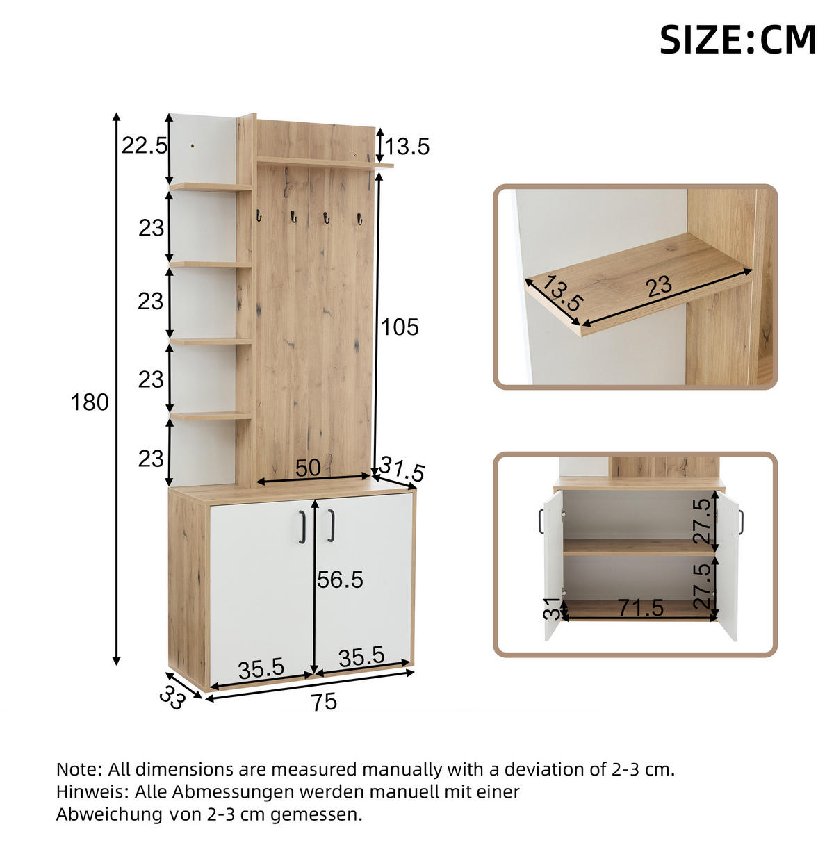 GARDEROBE 75/180/33 cm Naturholz/Weiß aus Spanplatte mit Schuhaufbewahrung - Naturfarben, Holzwerkstoff (33/180/75cm) - OKMYHOME