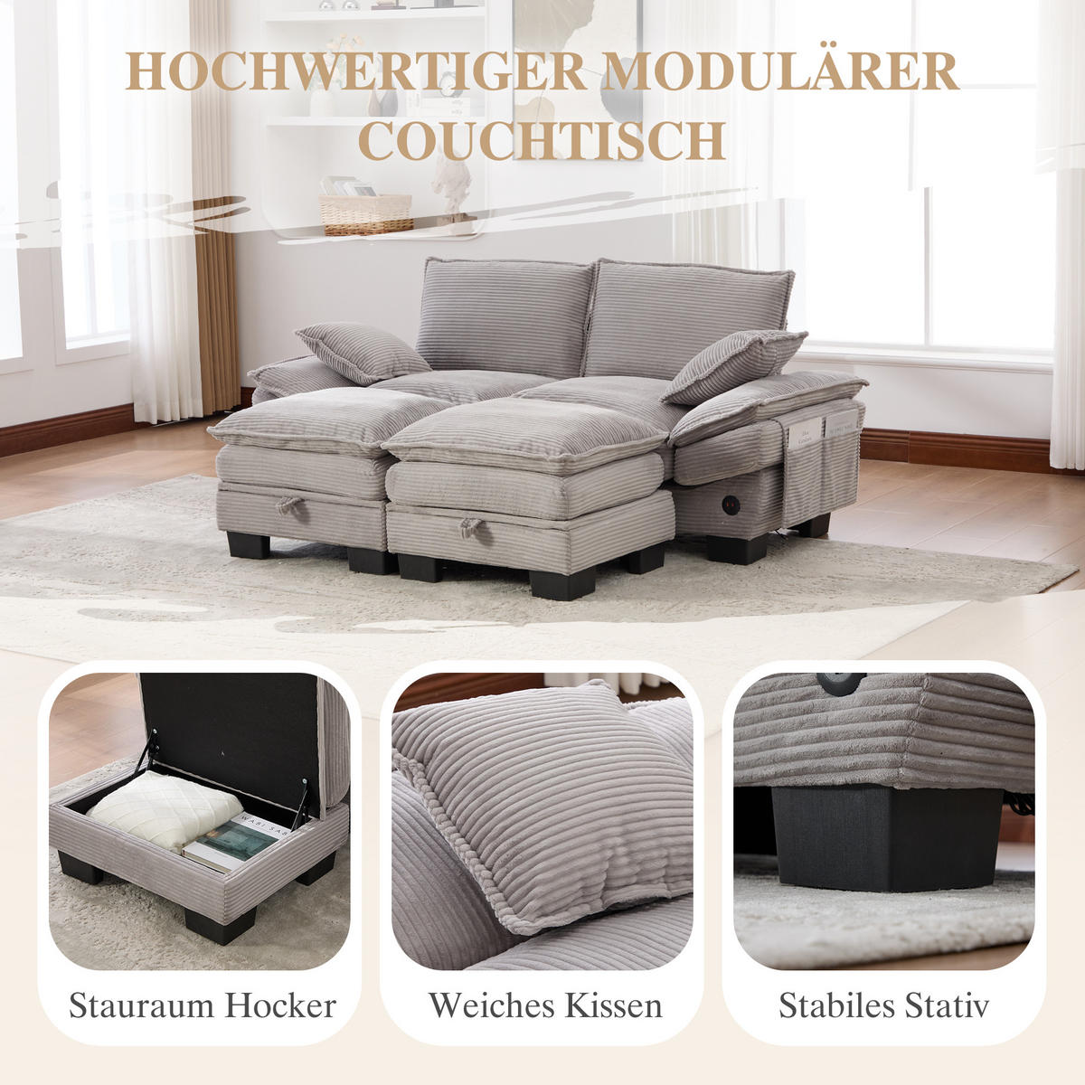 2-SITZER SOFA Cord Hellgrau mit Hocker und USB-C - Hellgrau, Holzwerkstoff/Kunststoff (190/84/132cm) - WISHDOR