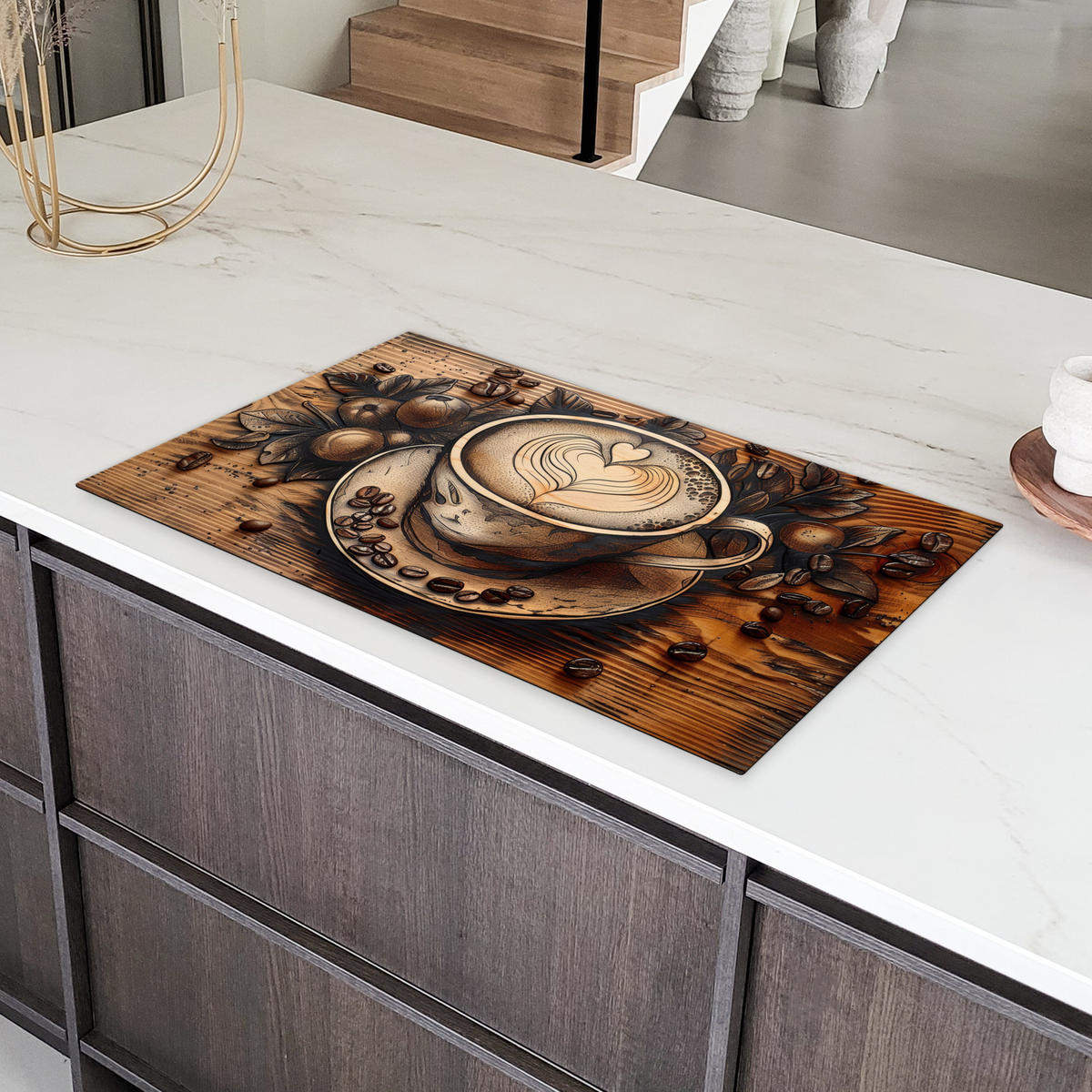 HERDABDECKPLATTE Kaffee - Vintage - Braun - Tasse - Holz Induktionsschutz 91.2x52 cm - Cappuccino, Kunststoff (91.2/52/0.2cm) - MuchoWow