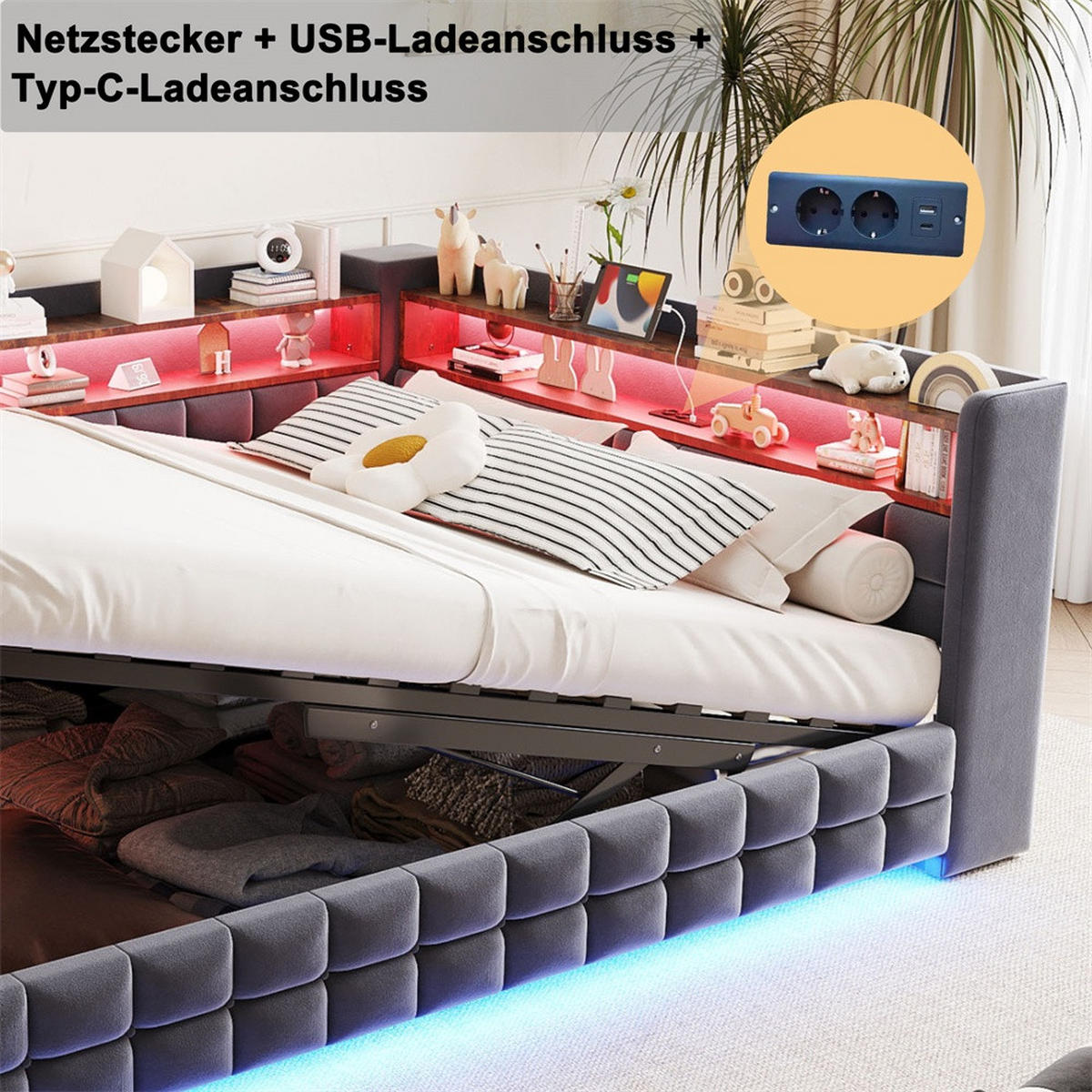 POLSTERBETT 140x200 cm mit hydraulischem Stauraum und Regal - LED Beleuchtung - USB & Typ-C - Grau - ohne Matratze - Grau, Textil (140/200cm) - DELFA
