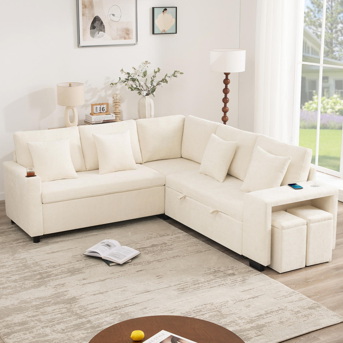 ECKSOFA 220/205/86,5 cm beige aus Chenille mit Schlaffunktion - Beige, Textil (205/220cm) - OKWISH