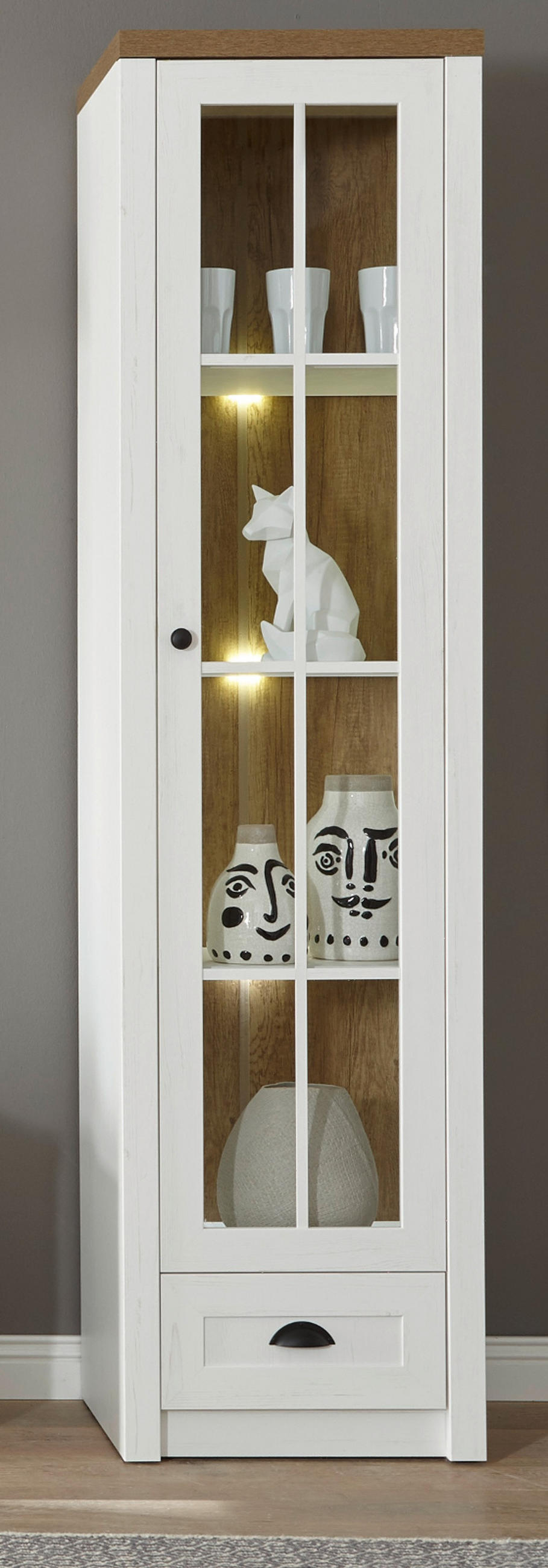 VITRINE weiß Pinie, Eiche hell Landhaus, Vitrinenschrank 50 x 198 cm - Eichefarben/Anthrazit, Holzwerkstoff/Metall (50/198/43cm) - Furn.Design