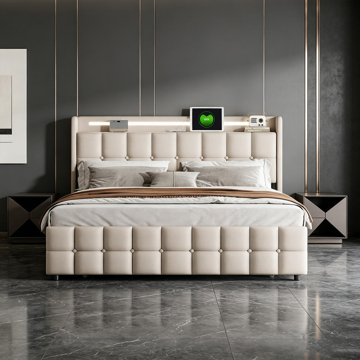 DOPPELBETT 140x200 mit stauraum, bettgestell mit LED, USB, 4 Schublade, Kopfteil, Lattenrost, Leinenstoff, beige - Beige, Textil/Metall (140/200cm) - GENKI LIVING