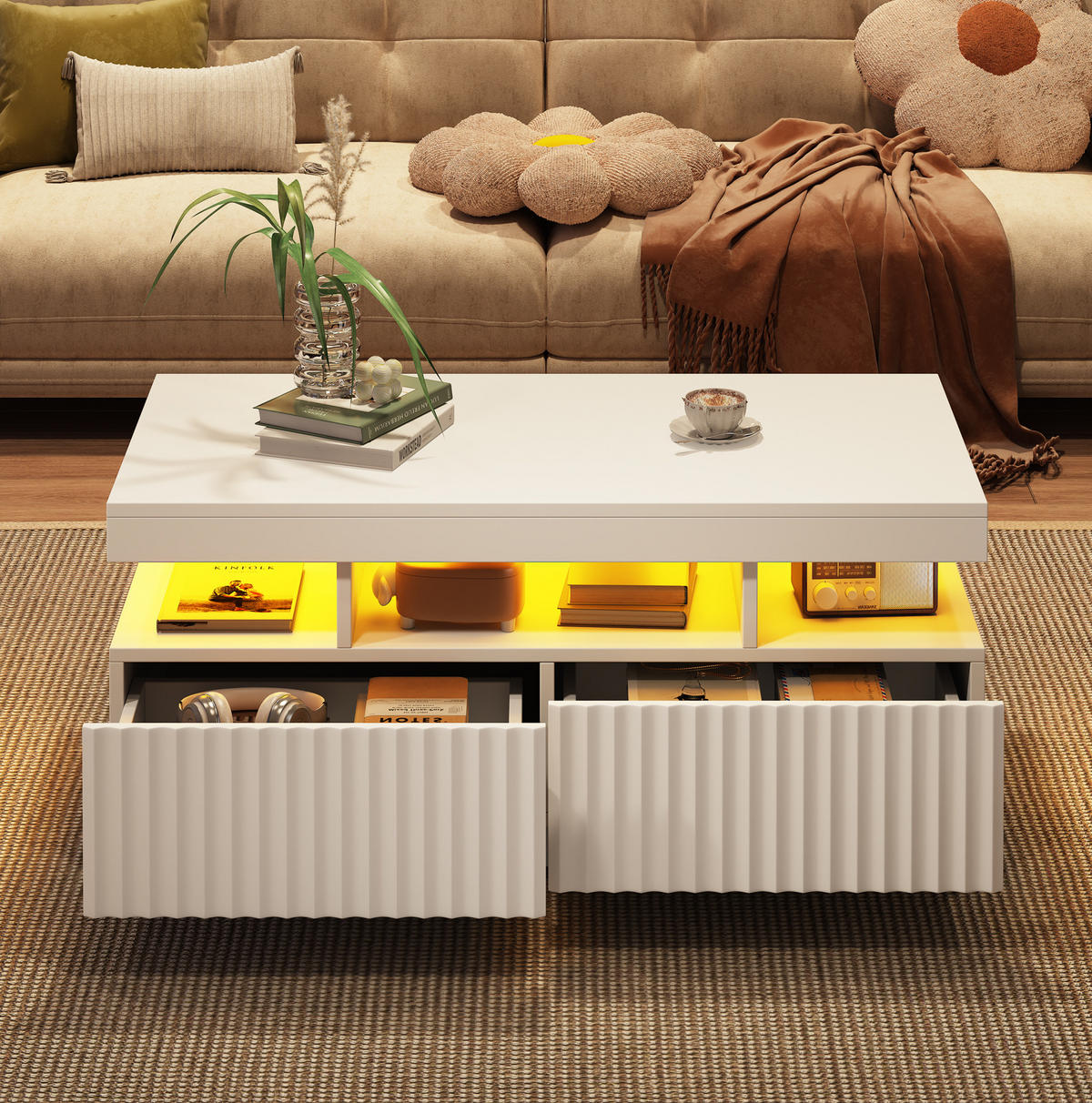 COUCHTISCH 100/50/45 cm in Weiß mit 2 Schubladen und LED-Beleuchtung - Weiß, Holzwerkstoff (100/50/45cm) - Flora Grace