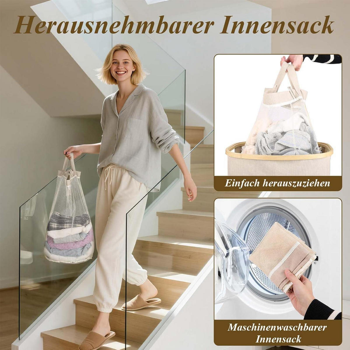 WÄSCHEKORB mit Deckel 100L Hellbeige - Beige, Textil (33/70/44cm)