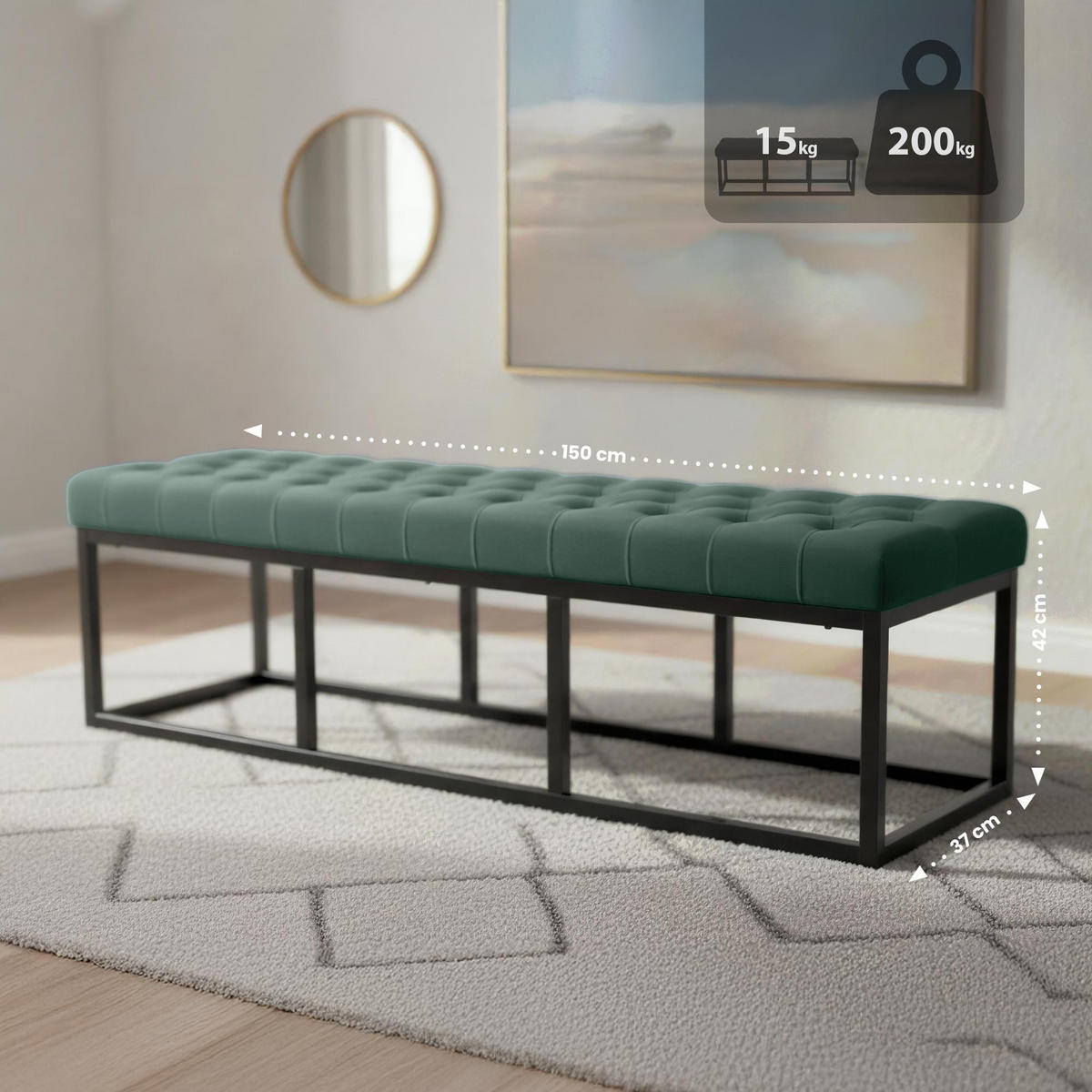 SITZBANK 150/37 cm Samt Grün - Schwarz/Grün, Textil/Metall (150/42/37cm) - CLP