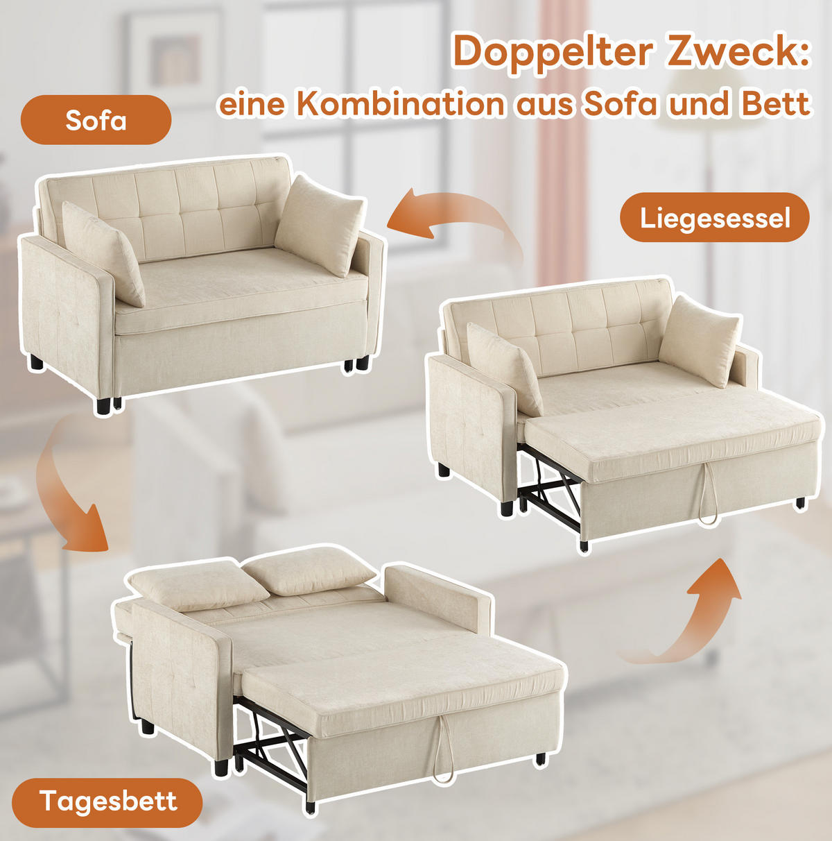 SCHLAFSOFA Chenille mit Ausziehfunktion und 2 Kissen Beige 142/79/85 cm - Beige, Textil (79/85/142cm) - Redom