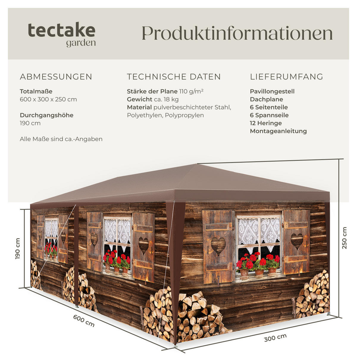 PAVILLON Almchalet,wasserdicht,braun - Braun, Kunststoff (300/250/600cm) - tectake