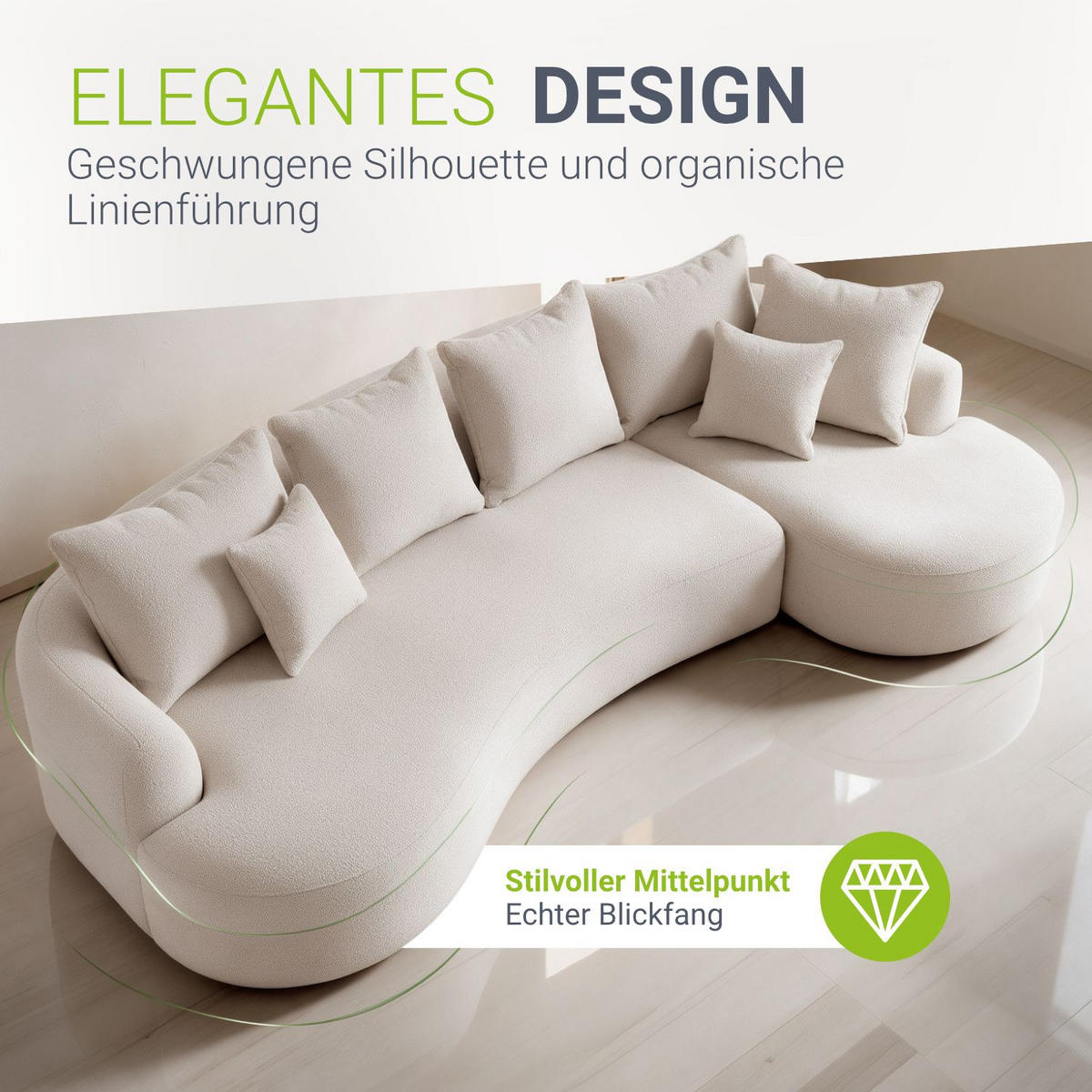 SOFA Tirano Bouclé Creme mit Ottomane rechts - Creme, Textil (300/102cm) - Juskys