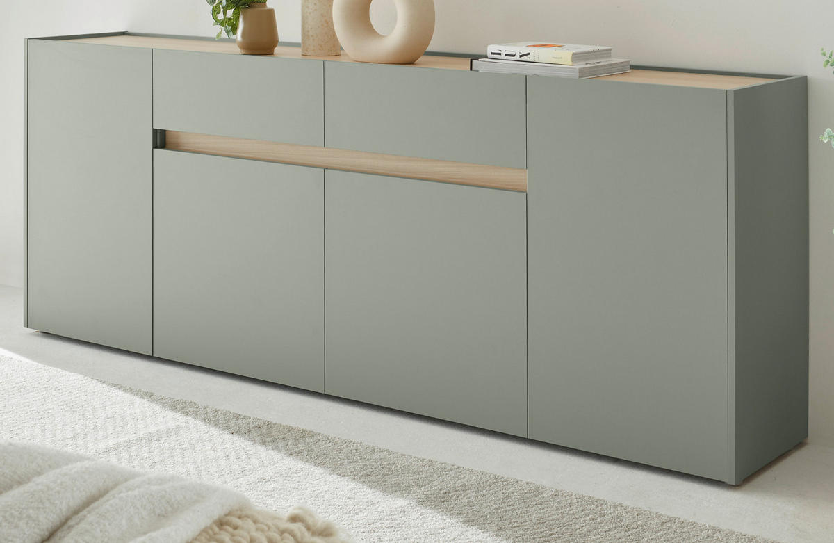 SIDEBOARD in Salbei Grün mit Eiche, große Kommode 4-türig mit Schubkästen, 223 x 87 cm - Salbeigrün/Eichefarben, Holz/Holzwerkstoff (223/87/40cm) - Furn.Design