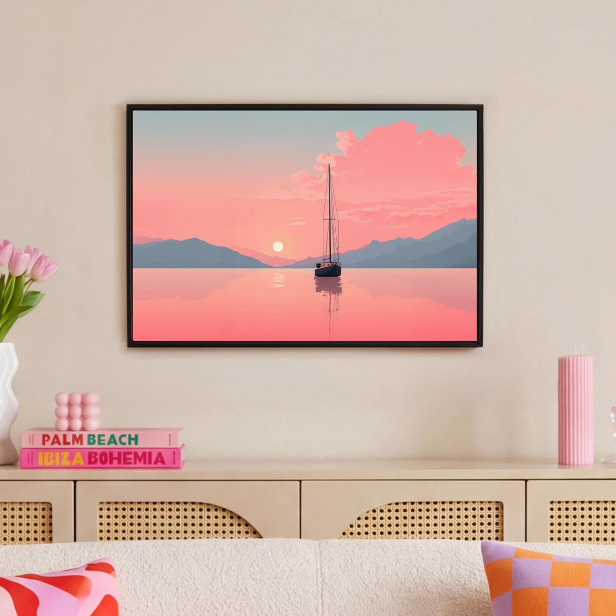 LEINWAND Bilder mit Rahmen - Segelboot - Rosa Meer - Sonnenuntergang - Berge - 60x40 - Rosa, Textil (60/40cm) - OnlyWow
