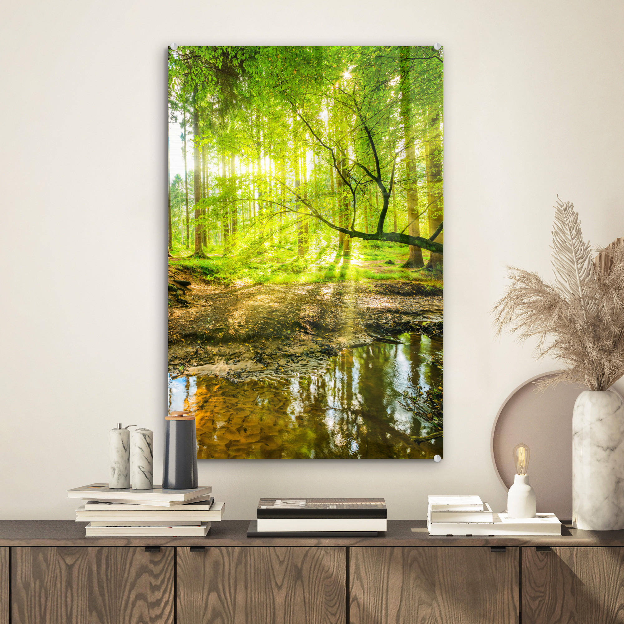 ACRYLGLASBILD Wald - Landschaft - Wasser - Bäume - Sonne - Grün - Natur 40x60 cm - Grün, Glas (40/60cm) - MuchoWow