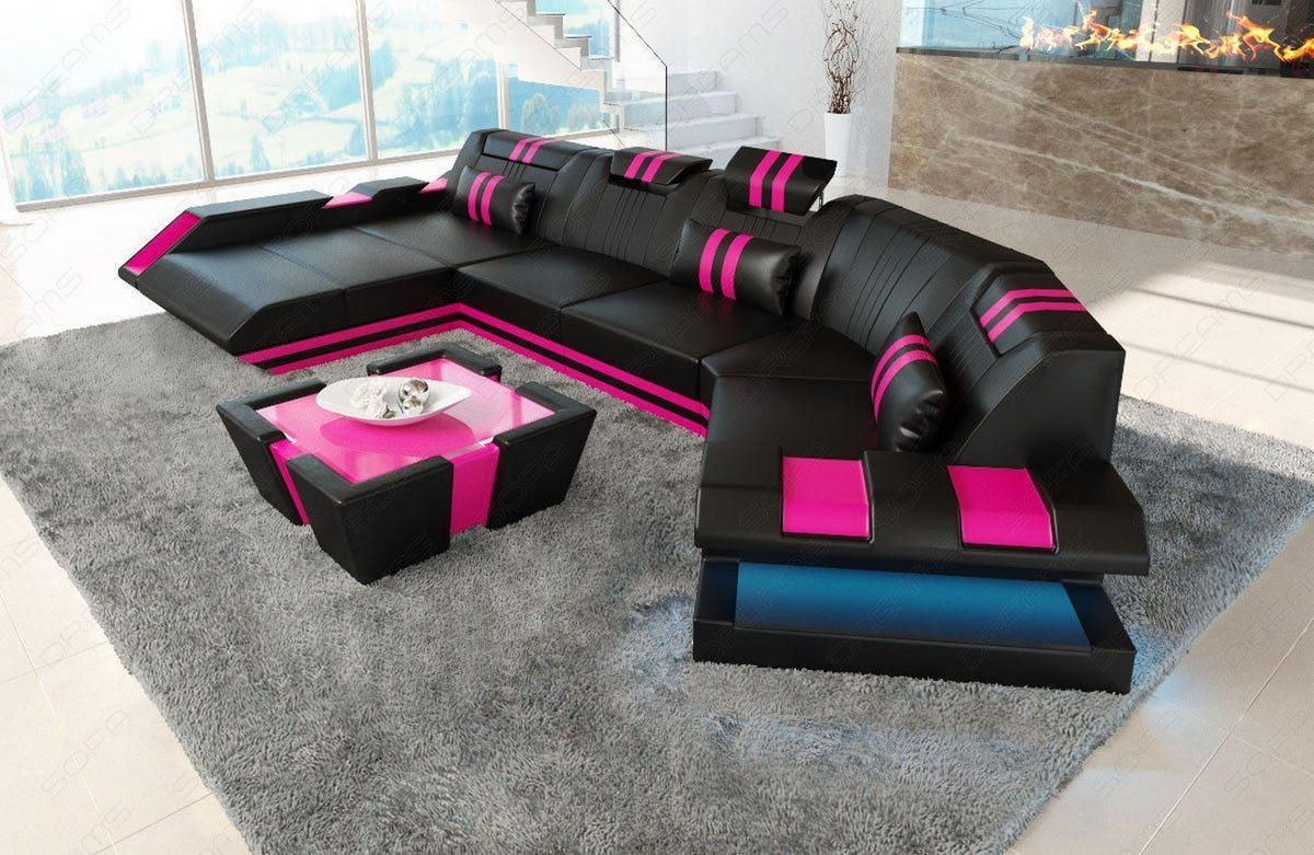 WOHNLANDSCHAFT Apollonia C - Pink/Schwarz, Leder (420/78/190cm) - Sofa Dreams