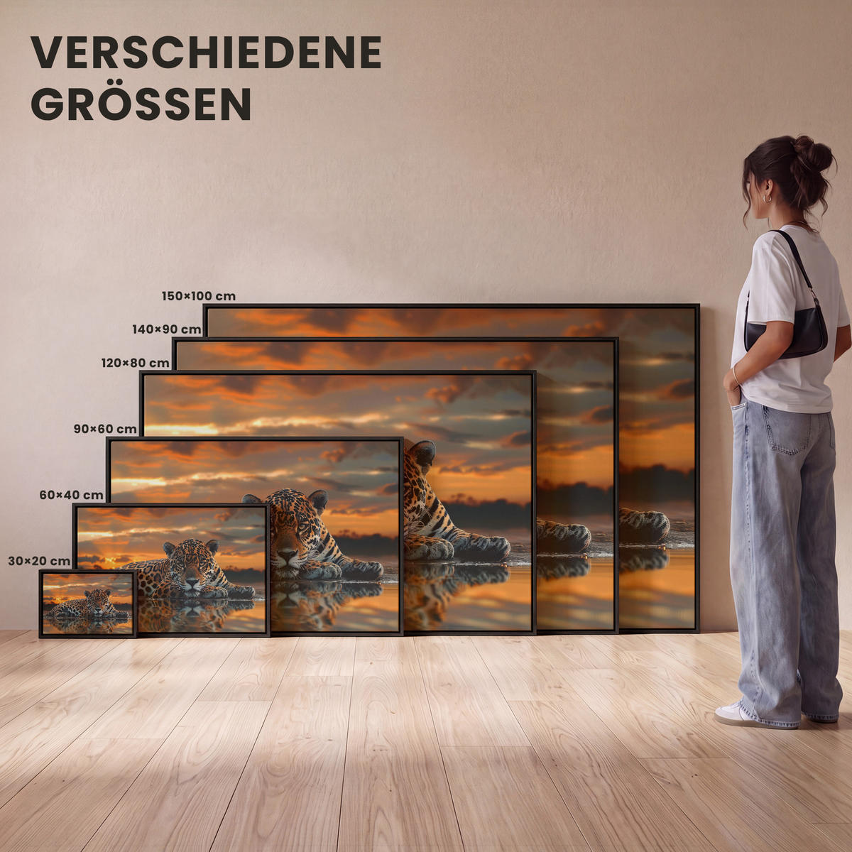 LEINWAND Bilder mit Rahmen - Natur - Leopard - Tier - Sonnenuntergang - Modern - 60x40 - Orange, Textil (60/40cm) - MuchoWow