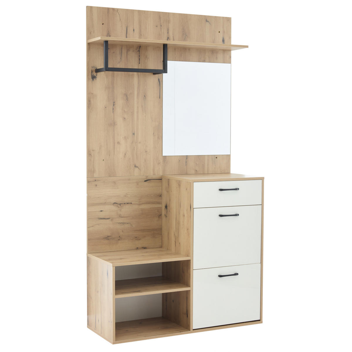 GARDEROBE 100/190/38,5 cm Weiß/Natur aus Spanplatte mit Spiegel und Klapptüren - Weiß, Holzwerkstoff (38.5/190/100cm) - OKMYHOME