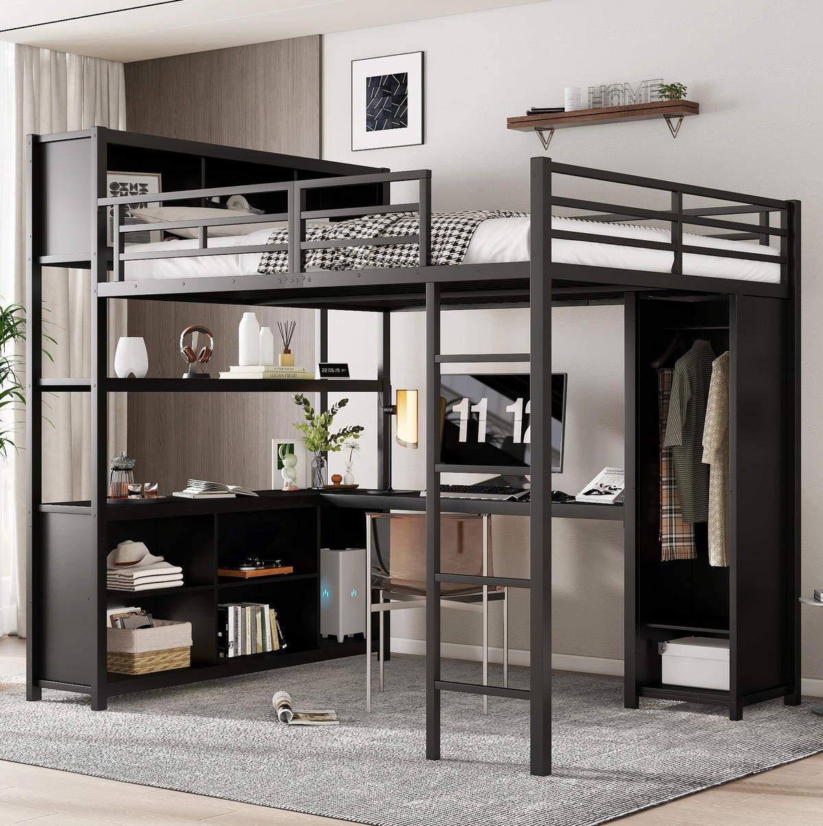 HOCHBETT 140/200 cm Schwarz aus Eisen und Spanplatte mit Schreibtisch und Kleiderschrank - Schwarz, Metall (90/200cm) - OKMYHOME
