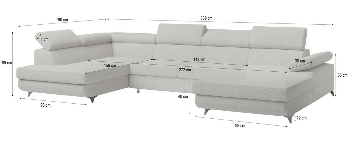 WOHNLANDSCHAFT RUBANO R-S Hellgrau Boucle-Stoff mit Schlaffunktion - Hellgrau, Holz (339/89/190cm) - MASSENO