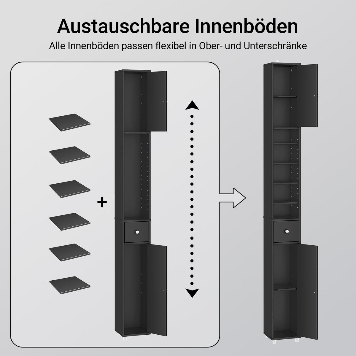 HOCHSCHRANK schmal, MDF (E1), 20x180x20cm, Schwarz - Schwarz, Holzwerkstoff (20/180/20cm) - SoBuy