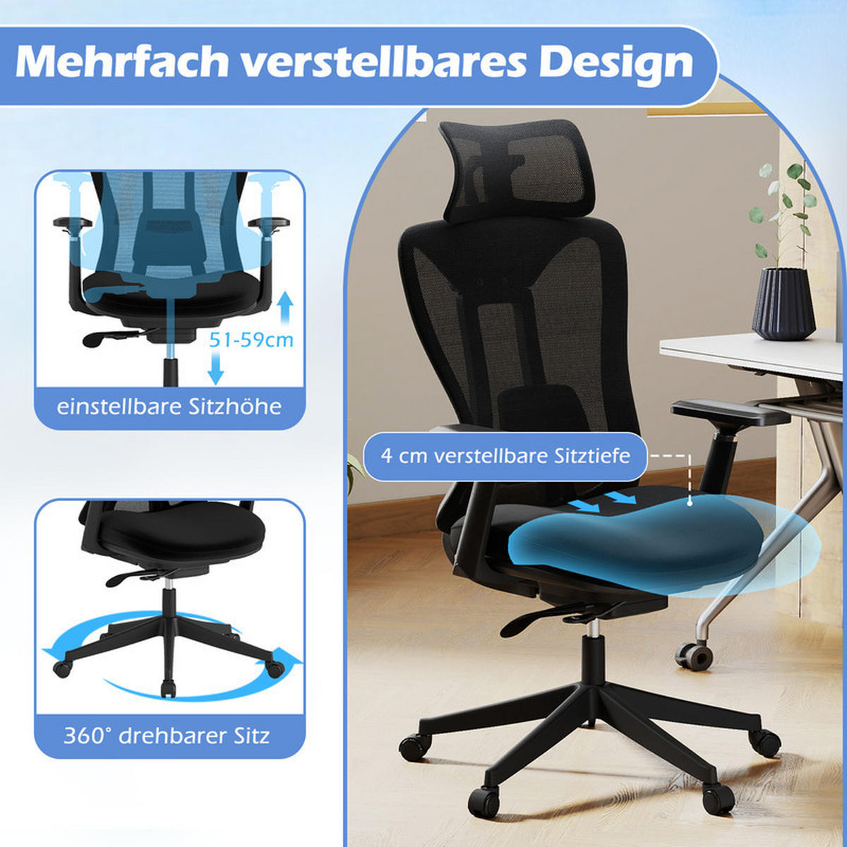 BÜROSTUHL mit verstellbarer Lendenwirbelstütze Kopfstütze und 3D-Armlehnen schwarz - Schwarz, Leder (70/116/68cm) - COSTWAY