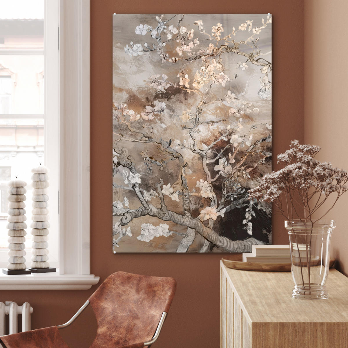ACRYLGLASBILD Mandelblüte - Kunst - Van Gogh - Beige - Abstrakt 60x90 cm - Braun, Glas (60/90cm) - MuchoWow