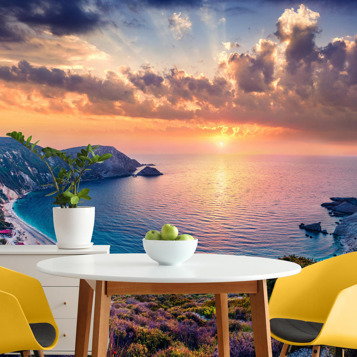 FOTOTAPETE Meer Blumen Sonnenuntergang Landschaft 3D 450x315 - Türkis/Blau, Papier (450/315cm) - Muralo