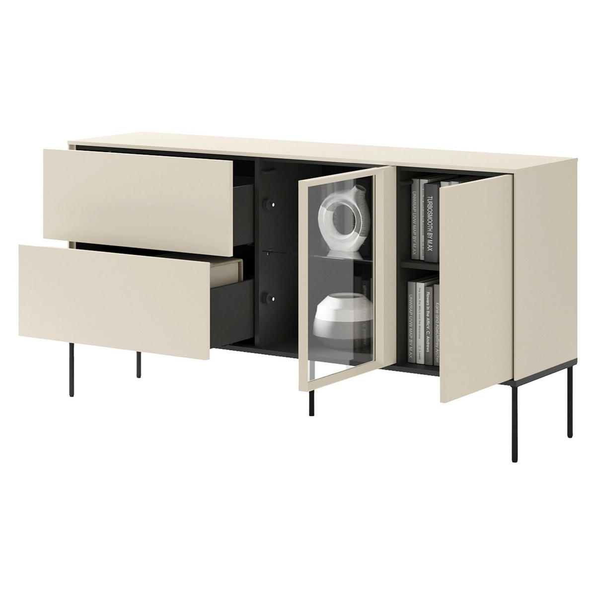 KOMODA Bellezo s osvetlenou presklenou vitrínou Krémová 196 cm - čierna/krémová, kov/kompozitné drevo (166/85/41cm) - Selsey