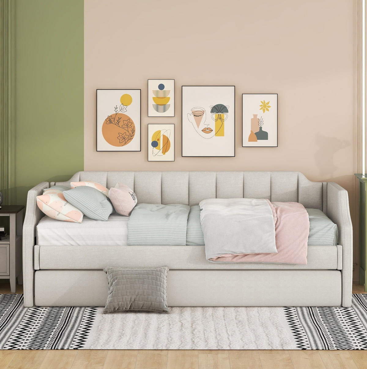 ČALÚNENÁ posteľ z bavlnenej ľanovej látky 213x97x81 cm béžová s výsuvným lôžkom a zaoblenými podrúčkami - béžová, textil (90/200cm) - Modfu