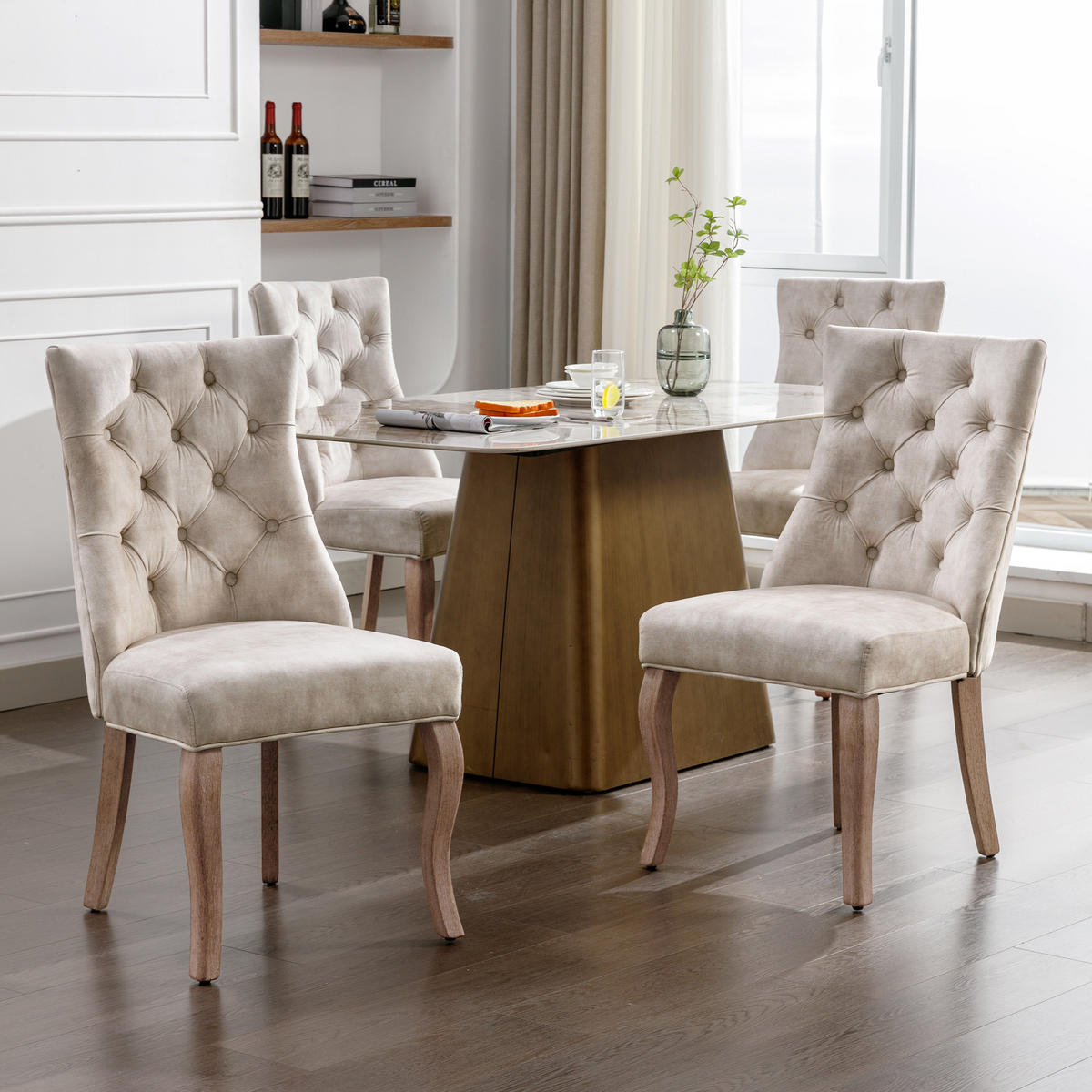 STUHL-SET DE-36945 4 Stück mit hoher Rückenlehne und Knopfsteppung Hellbeige - Creme, Holz (51/97/47cm) - ComfortXL