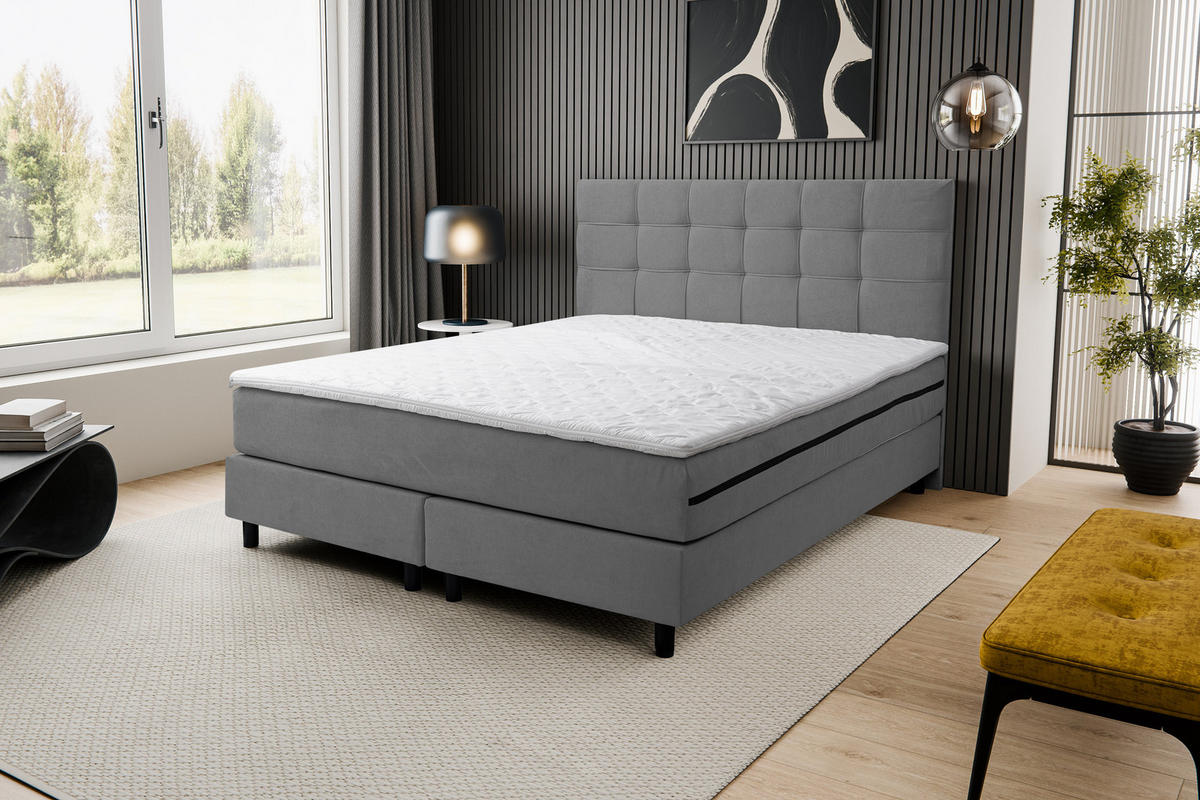 BOXSPRINGBETT BOSS, Polsterbett Maße: 160x200 cm, Farbe: Grau, Velourstoff, Doppelbett mit Bonell-Matratze H3 inkl. Topper - Grau, Holz/Kunststoff (160/200cm) - VENASI MÖBEL