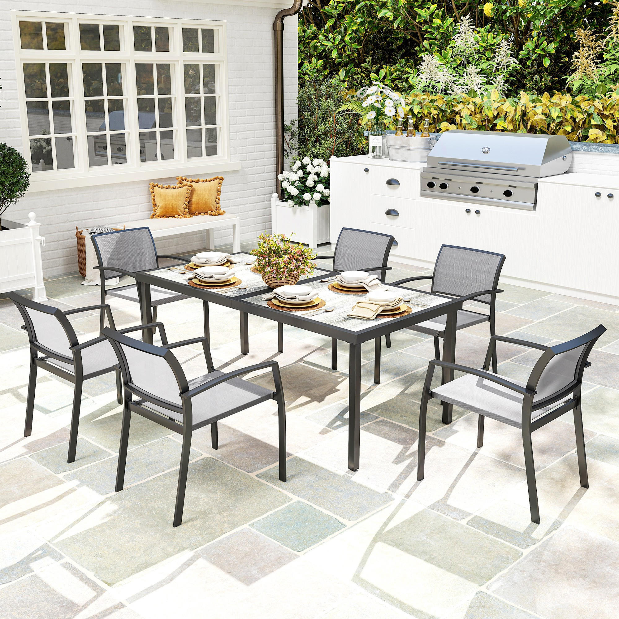 VidaXL Essgruppe 7-teilig – Esstisch Mit 6 Stühlen, Modernes Design, Grau, Gehärtetes Glas & Kunstleder, Sitzgruppe Für Küche & Esszimmer Küchentisch Set Grau
