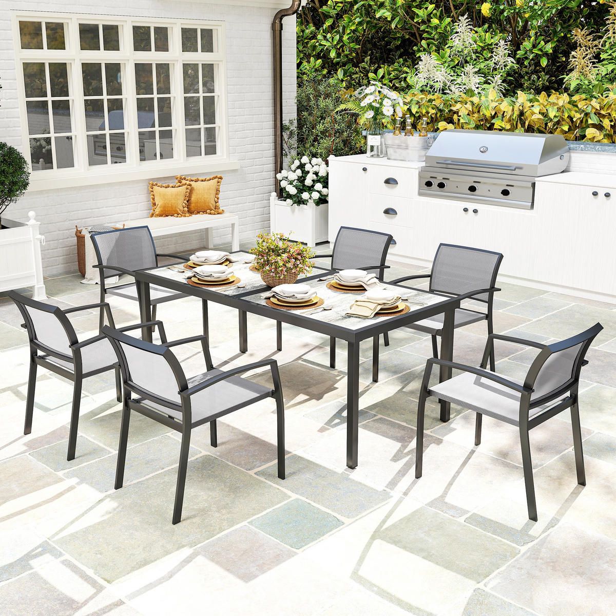 SITZGRUPPE 7 tlg. Essgruppe für 6 Personen Esstisch mit 6 Stapelbare Stühle Grau - Grau, Metall - Outsunny